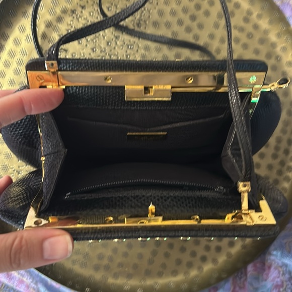 Judith Leiber Black Lizard Gemstone Top Clutch with Strap - Picture 9 of 15